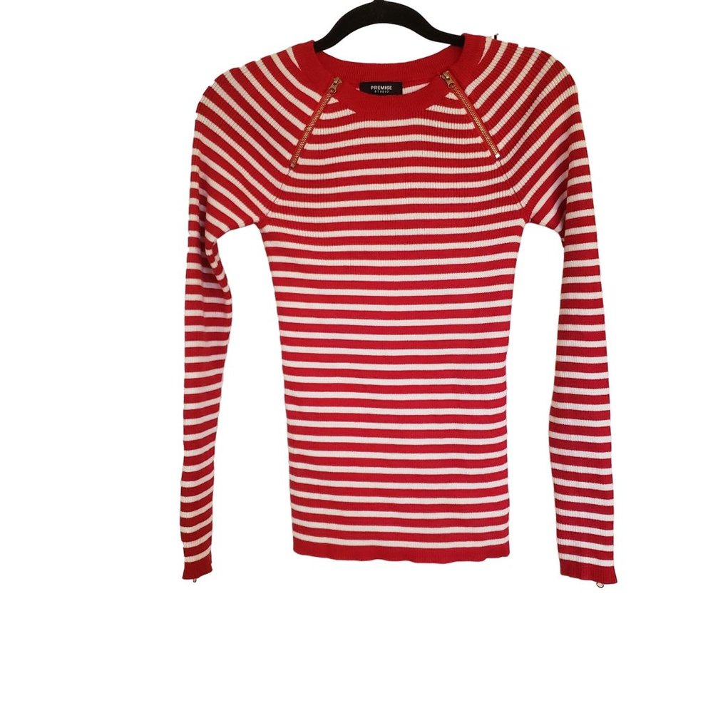 Premise‎ Studio knit sweater size Small striped red white gold tone zipper...